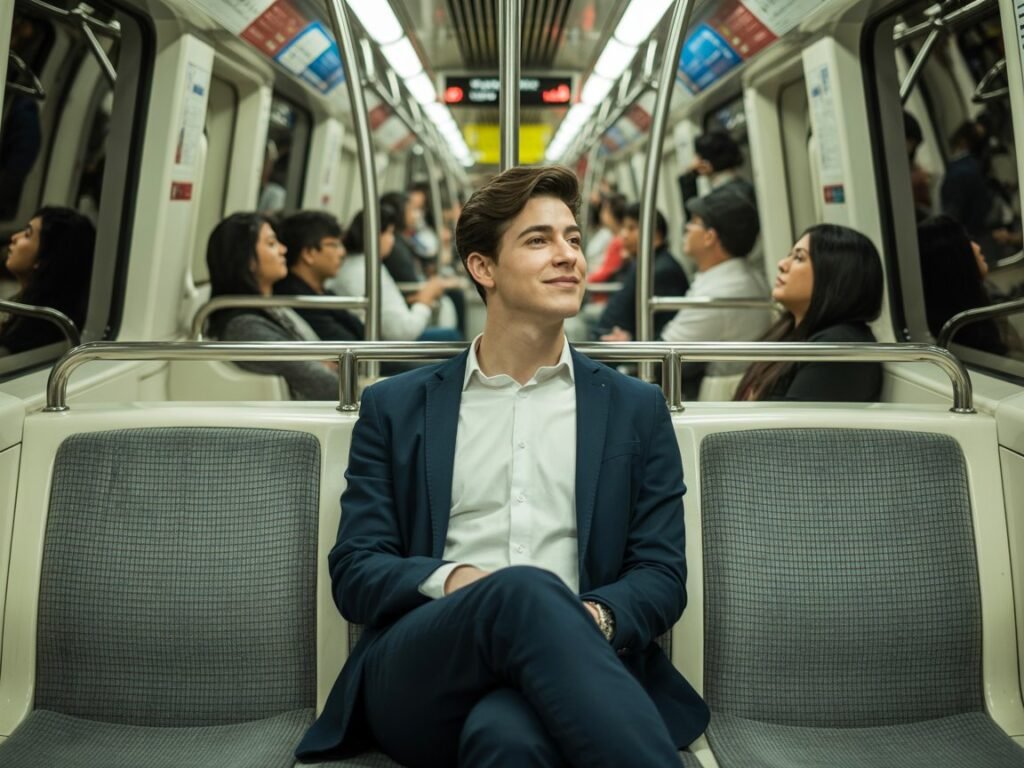 Young expat commuting on Dubai Metro saving money on $4000 salary transport costs