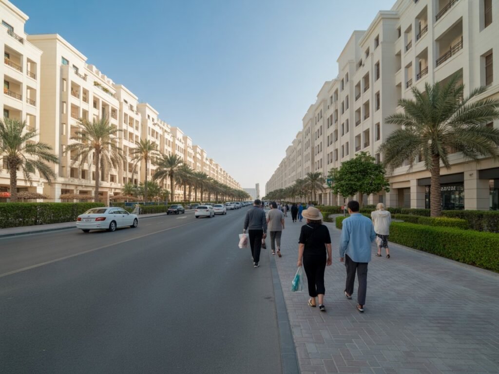Affordable Dubai neighborhood street view JVC International City suitable for $4000 salary expat