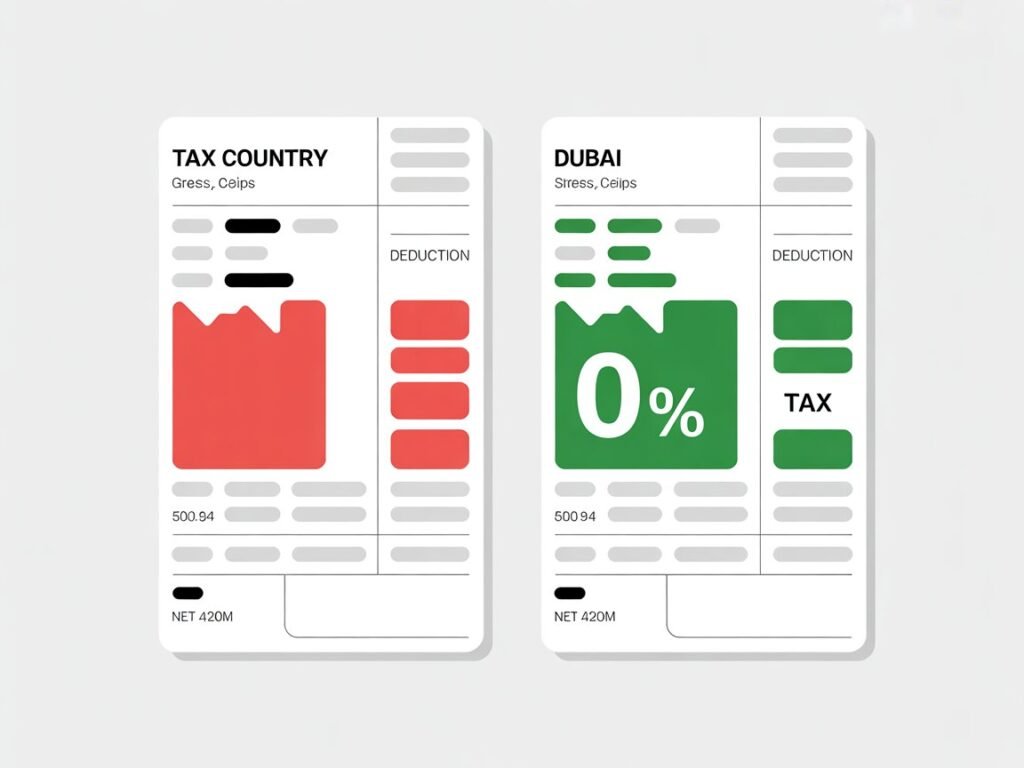 Tax-free salary comparison showing $4000 take-home pay in Dubai versus taxed salary in other countries